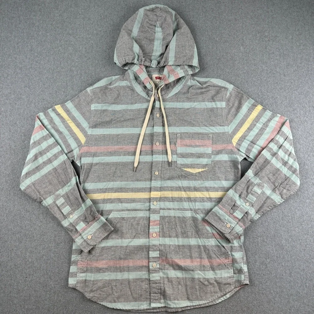 Levis Hooded Shirt Mens XL‎ Multicolor Striped Button Front Long Sleeve Hoodie